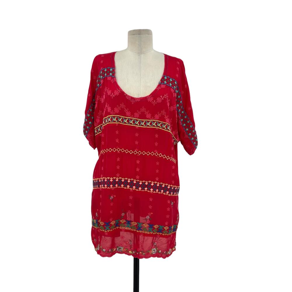 Johnny Was Daisy Eyelet Tunic Top Short Sleeve Embroidered Red Size PL Petites